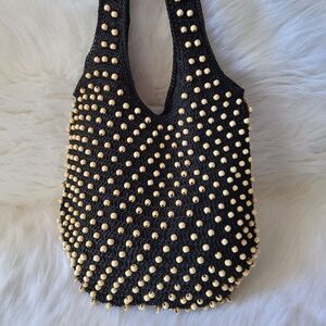 Black With Ivory Beads Macrame Shoulder Bag